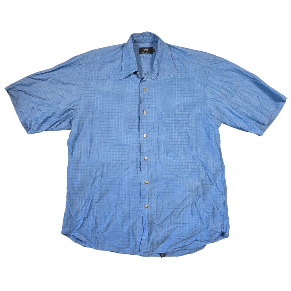 Ike Behar Neiman Marcus Mens Blue Grid Short Sleeve Cotton Button Down Shirt M